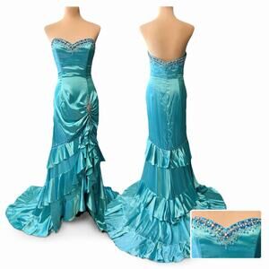 Y2K Prom Dress Maxi Aqua Blue Glam Strapless Beaded Train Sz 10 Satin Statement